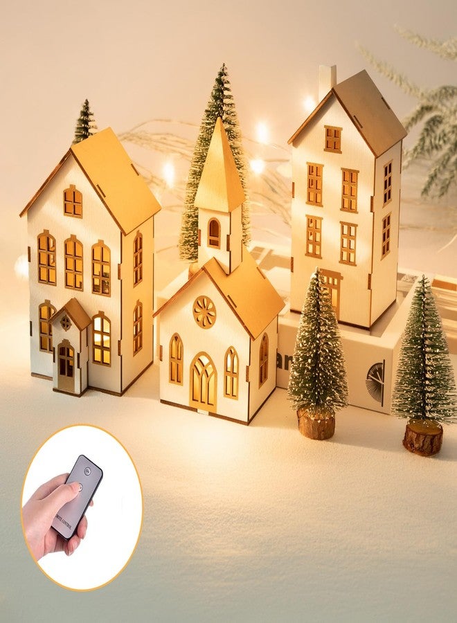BEARAE Christmas Village Houses, 7PCS, Christmas Village Accessories, Christmas Village Sets Collection, Including 3 Led Lighted Houses and 4 Frosted Trees for Tabletop Mantel Décor - Image 1